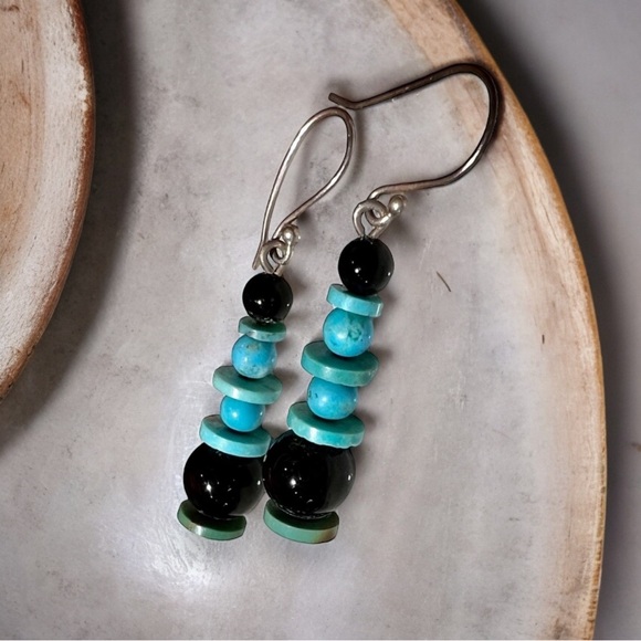 Vintage Handmade Turquoise Necklace with Onyx Solid 925 Sterling Silver+Earrings - Picture 5 of 15